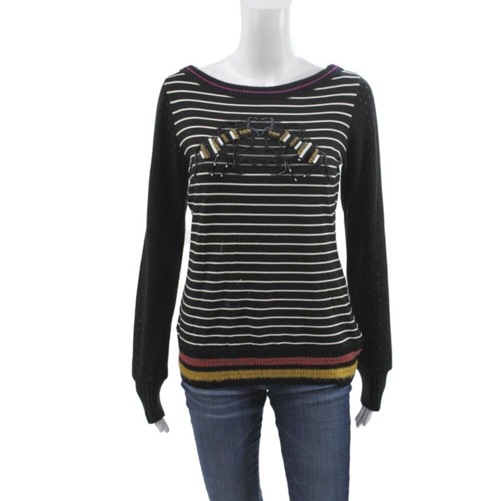 Save The Queen Women Pullover Black Striped Scoop Neck Long Sleeve Bee Size L